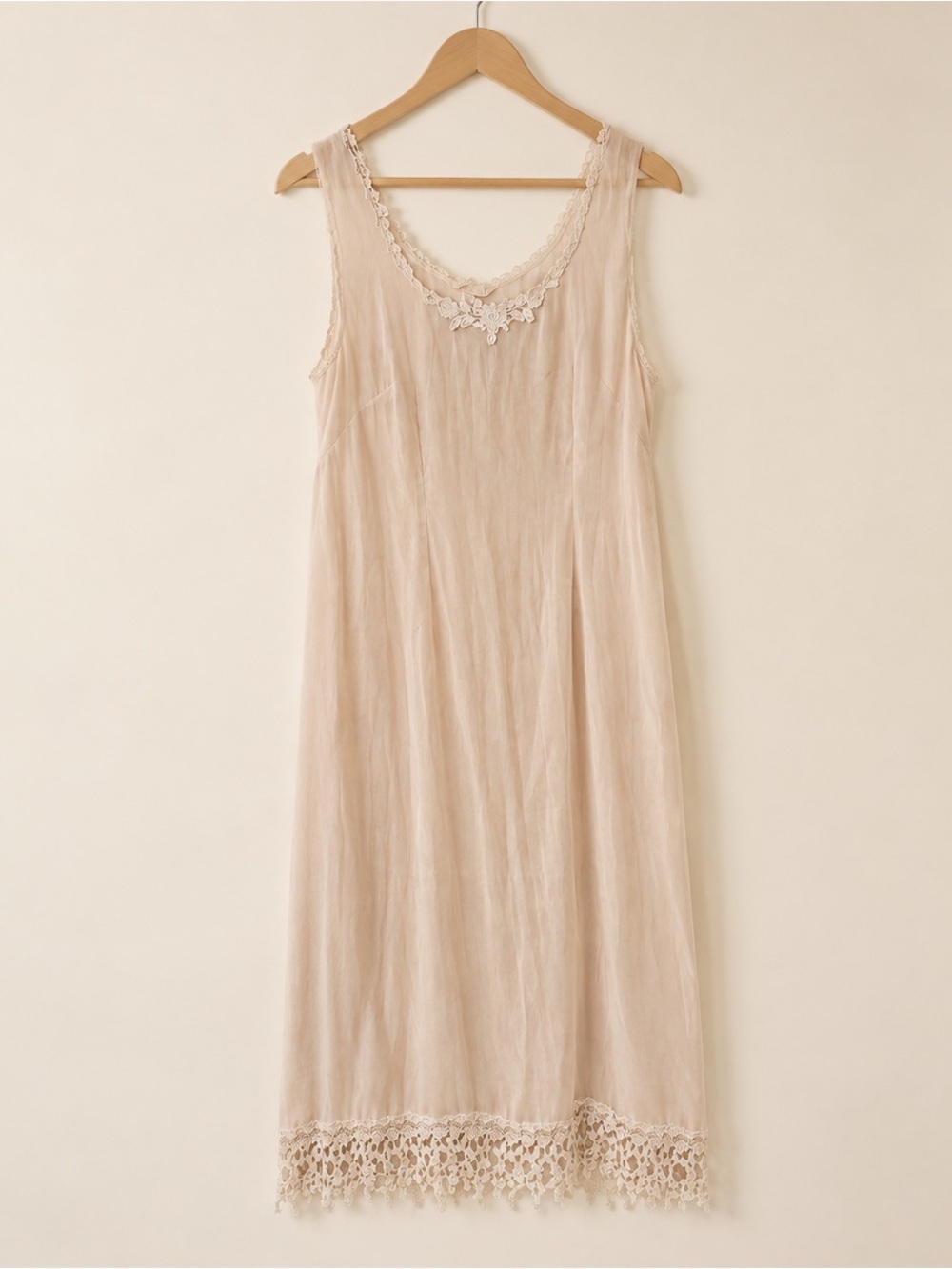 Sleeveless Maxi Slip Dress with Lace Trim in Light Beige